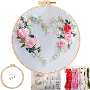 FONNUY Love Heart Crewel Embroidery Kit for Beginners, Pre-Stamped Pattern Kits for Adults with Hoop, Easy to Follow Color Thread Needlework, 8'' Hoop (Floral Heart)