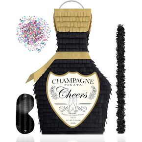 Black and Gold Champagne Piñata with Stick 17"X10"X5" great for 21st Birthday, Decorations, Graduation, New Years & Wedding Props. Fits party favors