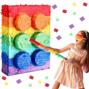 Building Blocks Piñata Bundle Includes Fiesta Piñata with Blindfold Bat Stick Confetti 16 Inch Party Piñatas for Birthday Party Kids Mexican Cinco De Mayo Supplies Set of 4