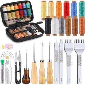 MORFEN 56Pcs Leather Stitching Punch Kit, Leather Sewing Kit with 4mm Prong Sewing Hole Punch Waxed Thread Hand Sewing Stitching Needles Leather Working Tools for Beginners DIY Leather Crafting