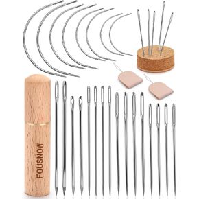 FOUSNOW 28 Pcs Heavy Duty Hand Sewing Needles Kit, Upholstery Needles for Hand Sewing, Sewing Needle Kit with Wooden Sewing Needles Cushion for Leather, Sofa, Canvas, Repair Sewing Craft