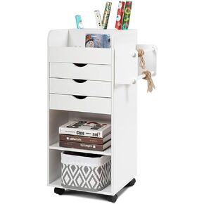 Tangkula Rolling Storage Drawer Cart, Home Office Mobile Drawer Cart, Wooden Utility Cart Storage Cabinet w/ 3 Drawers & 3 Open Storage Shelves, Paper Organizer w/Lockable Casters
