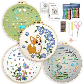QUYOUPIE 4 Sets Embroidery Kit for Beginners, Easy Stitch Needle Set with Stamped Patterns, 23 Basic Stitches for Adults, Nature and Animal-Inspired Designs