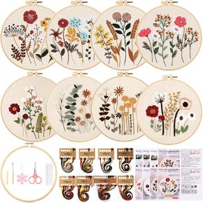 Wovnet 8 Sets Embroidery Kit for Beginners Cross Stitch Kits for Adults Stamped Flower Pattern Needlepoint Kits Art Craft Projects Include Embroidery Cloth Hoops Needles Threads (Flower)