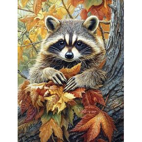 Zariocy 5D Diamond Art Kits for Adults Raccoon, DIY Diamond Painting Art Autumn Round Full Drill Crystal Diamond Embroidery Paintings Arts Craft for Home Office Wall Decor 12x16 inch