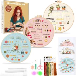Hi-YomiLaugh 3 Pack Beginner Embroidery Kits for Adults DIY Craft Starter Set with Stamped Patterns Embroidery Hoop Needles Color Threads Easy to Follow Instructions and Video Tutorial