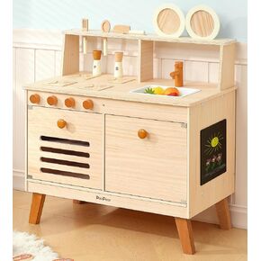 PairPear Play Kitchen for Kids, Wooden Toys Play Kitchen Sets with Toy Play Food Plates and Dishes, Larage Toy Storage System Kids Play Kitchen Accessories Designed Toys Gift for Age 3+