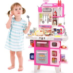CUTE STONE Kids Kitchen Playset, Play Kitchen Set with Sound & Light, Cooking Stove with Steam, Toy Sink,Play Food Toy and Kitchen Accessories for Pretend Play, Kitchen Toy Set for Toddler Girls, Pink