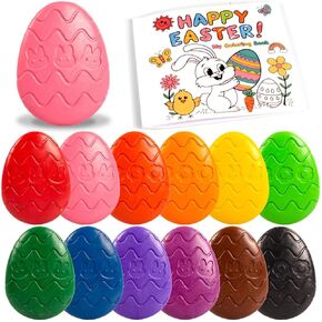 Egg-Shaped Toddler Crayons, 12 Colors Non-Toxic Washable Crayons for Kids with Easter Coloring Book – Perfect Easter Basket Stuffers for Babies Toddler