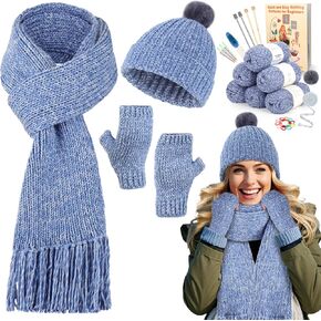 Coopay Knitting Kit for Beginners, Complete Knitting Kits Learn to Knit Hat Scarf Glove, Knitting Starter Kit for Adults with Yarn, Knitting Set with Step-by-Step Instruction Tutorial - Grayish Blue