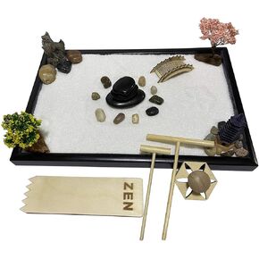 Japanese Relax Desktop Zen Garden Kit for Desk, Mini Meditation kit with Square Sandbox 11.8“ x 8", Balance Stones, Bamboo Rake, White Sand, Cherry Blossom Tree