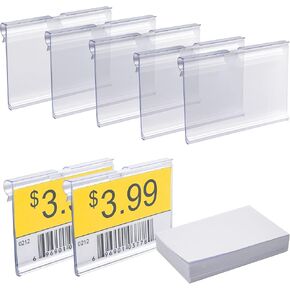70 PCS Clear Plastic Label Holders + 100 Pack Blank Label Paper, Wire Shelf Retail Price Label Clip On Basket Merchandise Sign Display Sign Storage Organizer Bin (2.4x1.57 Inch)