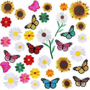 Canlierr 36 Pieces Flower Iron On Embroidered Patches Sunflower Cute Sew On Applique Patches for Clothing Large Colorful Decorative Patches for Clothes Dress Hat Jeans DIY(Vivid Style)