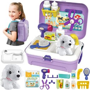 HERSITY Pet Care Vet Kit Kid, Puppy Pretend Play Toy Girl, Toy Dog Bath Grooming Set, Gift 3 4 5 6 Year Old Toddlers Childrens Veterinarian Playset