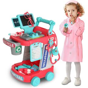 Doctor Kit for Kids 3-5 , Toddler Doctor Play Set with Cart, Costume and Stethoscope,Role Play Kids Doctors Play Set (TC-Pink)