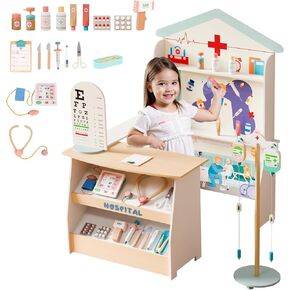 JOYMOR Pretend Hospital Kids Doctor Kit, Wooden Doctor Play Set w/Plenty of Medical Toy Accessories, Ideal for Toddler Play Doctor, Pretend Kids Playset for Christmas Birthday Gifts