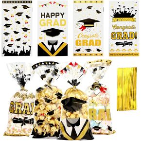 Leislam Graduation Treat Bags, Graduation Cellophane Treat Bags, 200 PCS Graduation Gift Bags, Graduation Cello Candy Cookie Bags with 200 Pcs Gold Ties for Graduation Party Favors Supplies, 4 Styles