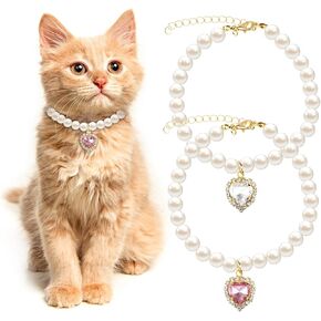 2pcs Cute Girl Cat Collar, Fancy Dog Pearl Necklace Collar Adjustable Pearl Dog Cat Collar with Small Heart Shape Rhinestone for Small Dogs and Cats, Pink Heart + White Heart