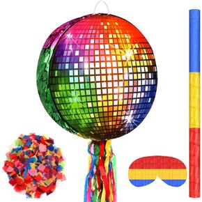 Aoriher Disco Party Piñata 80s 90s Roller Skating Piñata Mirror Disco Ball Piñata Hip Hop Skate Party Piñata Stick Mask Confetti for 80s 90s Disco Birthday Wedding Party Supplies Decor(Rainbow Ball)