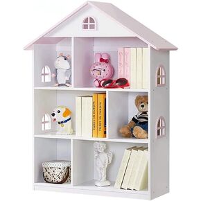Wooden Dollhouse Bookshelf 4-Tier Children's Bookcase Display Storage Doll House Organizer Furniture for Kids Bedroom Playroom Nursery Kindergarten Gift for Boys Girls Ages 3-8 Years Old