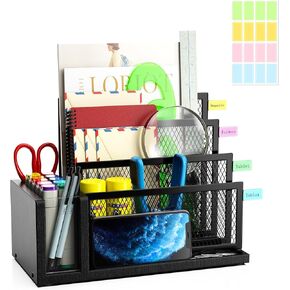 Wooden Office Mail Organizer for Desk, 4 Compartments Letter Holder Countertop, Metal Mail Sorter with Color Label, Desk File Organizer for Document Bill Paper Postcard (Black)