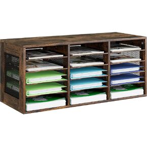 Mail Sorter Organizer, Wood Literature Organizer, Student Mailbox for Classroom, Desktop Bill Paper Organizer for Office Home School, 15 Compartments, Antique Brown