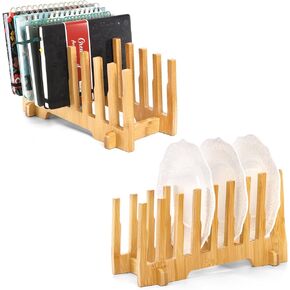 2 Pack Bamboo Desk Mail Organizer, 8 Slot Vertical Wooden Letter Sorter File Folder Holder for Office Desktop, Wood Stand Dish Rack Plates Drainer for Home, Kitchen Countertop