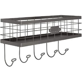 Spectrum Diversified Vintage Wire Basket & Hook Station Wall Mount Storage, Rustic Farmhouse Entryway Décor with Label Plate, Sheet Metal Base, Mail Organizer & Entryway Hook Rack