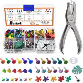 Rustark 240Pcs 9 Styles Multicolor Split Pins Paper Fasteners Brads Assortment Kit with Washer and Hole Punch, Metal Brad Fastener Mini Brad for Scrapbooking Decorative Paper Crafts School DIY Project