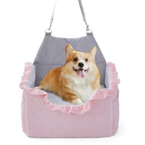 Jaoul Dog Booster Car Seat for Small/Medium Dogs - Memory Foam Elevated Cushion Car Seat - Fully Detachable and Washable Pet Portable Car Seat with 2 Clip-On Safety Leashes(Pink,6" H,Lace Trim)