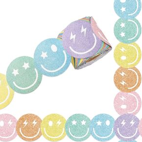 Whaline 65.6ft Preppy Happy Face Bulletin Board Borders Glitter Pastel Smile Face Die-Cut Border Trim for Chalkboard Wall Decoration