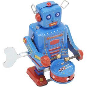 Clockwork Drumming Robot Toy Tinplate Retro Hand Made Drum Wind Up Robot for Kids Adult Collection
