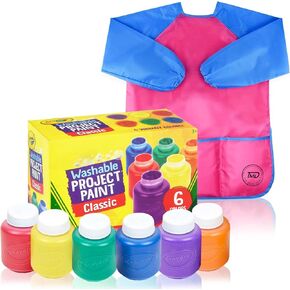 Kids Painting Set, Washable Paint for Kids 6 Colors, Painting Smock, Non Toxic Tempera Paint 2 oz Each, Paints for Toddlers Art, Craft, Home Finger Paints Projects