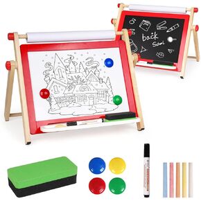 Kids Art Easel, Tabletop Easel for Kids,Wooden Double Sided Kids Easel with Magnetic Whiteboard,Chalkboard and Paper Roll,Great for Girls Boys Ages 3 4 5 Gift