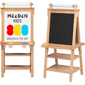 MEEDEN Art Easel for Kids - Solid Beechwood Kids Easel with Paper Roll - Art Easel with Chalkboard and Magnetic Whiteboard - Art Supplies for Kids - Natural