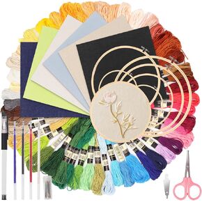 Swpeet 21Pcs 10 x 10 Inch Linen Needlework Fabric with Water-Soluble Pens, Needles, Threader, Embroidery Hoop and Embroidery Floss for Embroidery Projects and Upholstery Decoration