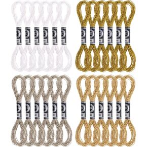 24 Skeins Metallic Embroidery Floss Glitter Embroidery Threads Silver Gold Cross Stitch Threads Needlework Thread Metallic White Embroidery Floss Polyester Thread for Embroidery Thread Crafts