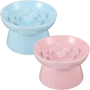 2 Pack Raised Slow Feeder Cat Bowls Ceramic Elevated Cat Food Bowl Anti Vomiting Slow Feeder Bowl for Dog and Cat for Dry and Wet Food Kitten Home(Blue, Pink)