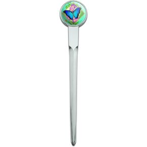 Blue Butterfly Purple Flowers Classic Chrome Plated Metal Envelope Letter Opener Slitter