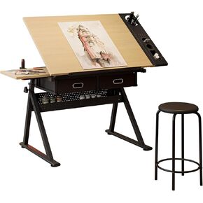 Height Adjustable Drafting Table,0-75° Drawing Table Art Desk for Adults Tilting Tabletop Watercolor Paintings Sketching Work Station w/2 Storage Drawers and Stool for Home Office