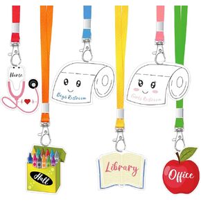6 Sets Hall Pass Lanyards Acrylic Unbreakable School Passes Colorful Set for Teachers Cute Classroom Passes for Restroom Bathroom Nurse Library Office Classroom School Gift