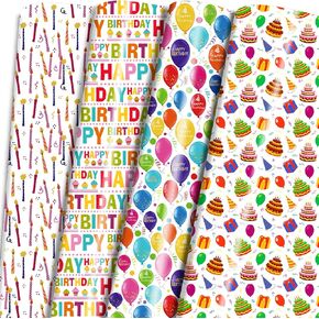 LCY WEDSHI Birthday Wrapping Paper for Women Men Boys Girls,12Pcs Birthday Gift Wrapping Paper with Cake, Candles, Birthday Hat, Balloon, Happy Birthday Words, Holiday Gift Wrap 20×29 Inch