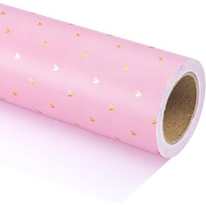 WRAPAHOLIC Valentine's Day Wrapping Paper - Mini Roll - 17 Inch X 33 Feet - Sweet Gold Foil Pink Love Heart Design for Valentine's Day, Wedding, Anniversary, Birthday, Baby Shower