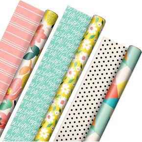 Hallmark Reversible Spring Wrapping Paper (3 Rolls: 75 Sq. Ft. Ttl) Floral, Lemons, Bright Abstract for Easter, Birthdays, Mother's Day, Bridal Showers, Baby Showers