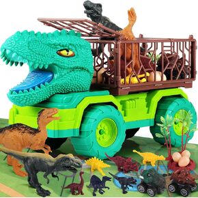 18 in 1 Dinosaur Toys for Kids 3-5, Dinosaur Truck Toys for Kids with 2 Pull Back Cars, 8 Dino Figures, Dinosaur Toys for Boys and Girls, Birthday Party Favors&Christmas Presents for Kids