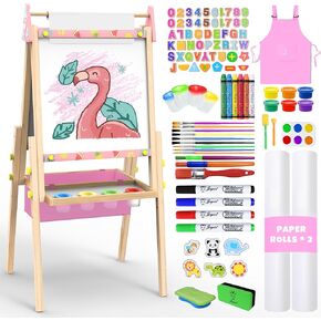 Joyooss Art Easel for Kids Easel for Toddlers, Adjustable Standing Wooden Toddler Easels Kids Board Whiteboard & Chalk Board Kids Dry Erase Board, Kids Art Easel for Kids Easel for Toddlers 2-4 Years