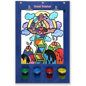 Easel for Kids, Art Easel for Toddler 2-4 Years Easel with 4 Paint Cups, Hanging Canvas with 2 Stainless Steel Clips, Large Kids Chalkboard Easel Drawing with 3 Hooks, Birthday Gifts for Kids