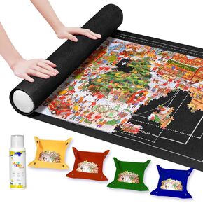 Puzzle Mat- 1500 Pieces Jigsaw Puzzle, Felt Roll-Up Puzzle Mat for Adults, with Puzzle Glue, Applicator, 4 Puzzle Sorting Trays & Storage Bag & Pump, Portable Puzzle Saver (Black+Glue)