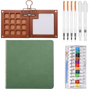 Boyistar Mini Watercolor Paint Set, 22 Pcs Travel Watercolor Set, 2.91’’ Wooden Grid Paint Box for Painters Artists Students, with 12 Color Paints