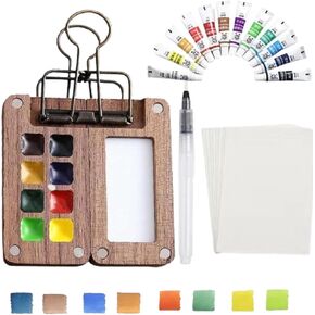 Solysta Travel Paint Palette, Mini Portable Watercolor Palette Set, 12 Colors Wooden Grid Paint Box, Watercolor Paper Pad Watercolor Sketch Book with Binder Clips for Painters Artists Students, Brown
